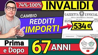 INVALIDITA CIVILE PRIMA e DOPO 67 ANNI CAMBIANO IMPORTI e REDDITI ➡ invalidi parziali totali 534€ [upl. by Aticilef]