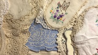 ThriftyThursday vintage linen doilies embroideries cutwork and Irish linen haul for slow stitch [upl. by Haorbed]