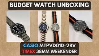 Budget Watch Unboxing CASIO MTPVD01D Diver and TIMEX 38MM Weekender Field Watch [upl. by Anoyet]