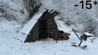 6 Months Survival amp Building Complete And Warm Bushcraft Survival Shelter In The Snow FireplaceHut [upl. by Keiko]