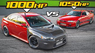 1000HP EVO X VS 1050HP Skyline R34  JDM RIVALS 4B11T VS RB30 [upl. by Gonzalez]