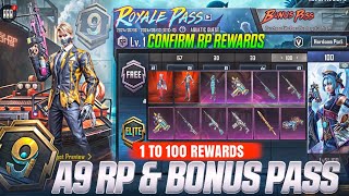 A9 ROYALE PASS 1 TO 100 RP REWARDS  A9 BONUS PASS REWARDS LEAKS  A9 ROYAL PASS PUBGBGMI [upl. by Marb502]