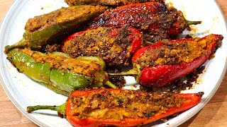 MASALA CHICKPEAS STUFFED PEPPERS  BHARWA MASALA RECIPE VEGAN [upl. by Oakman78]