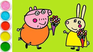 How to Draw and Color Daddy Pig is Giving Flowers 🌹 to Mummy Rebecca  Peppa Pig Draw and Color Easy [upl. by Ettennil]