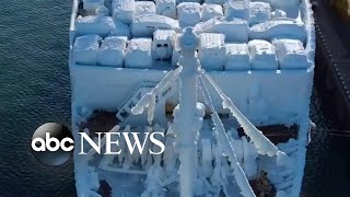 Icecaked ship carrying cars docks in Russias Far East [upl. by Ardnossac79]