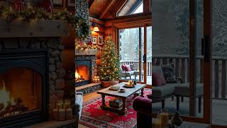 Cabin Living Room During Christmas  Cozy fireplace snowing relaxing [upl. by Aved455]