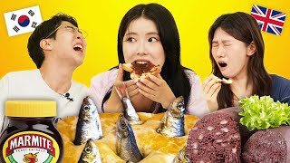 Koreans Try Weird British Foods For The First Time Marmite black pudding fish n chips  KATCHUP [upl. by Ledif]