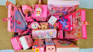 Box full of pink stationery  art set pink eraser set barbie pencil box Doraemon Sharpener pens [upl. by Rawna]