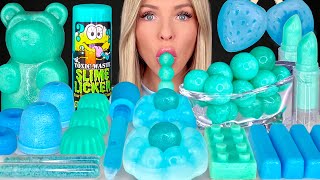 ASMR MUKBANG Teal Blue Dessert Edible Slime Blue Raspberry Drink Gummy Bear Strawberry Wax 먹방 [upl. by Eelydnarb]