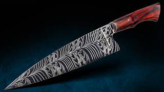 Forging A Unique Feather Damascus Chef Knife [upl. by Kentigerma]