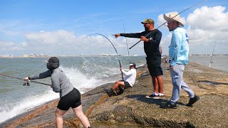 Fisherman risks it all Catching 100lb BEAST Fishing the Jetty INSANE FISHING VIDEO [upl. by Yelkao]