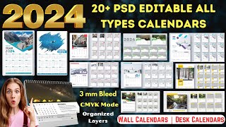 2024 Editable PSD 20 Calendars Designs  Wall Calendar amp Desk Calendars  Ready to Print [upl. by Aradnahc770]