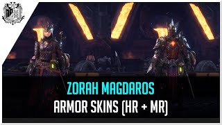 Monster Hunter World  All Zorah Magdaros Armor Skins  Male Female HR MR  Preview [upl. by Winebaum]