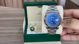 Unboxing the 2021 Rolex datejust 41mm azzuro blue dial with 18k gold fluted bezel oyster strap 😍 [upl. by Idnat]