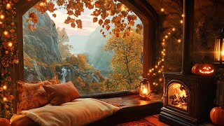 Cozy Autumn Cabin Ambience with Crackling Fire Sounds and Pumpkin Glow  Relaxing Fall Escape [upl. by Asher]