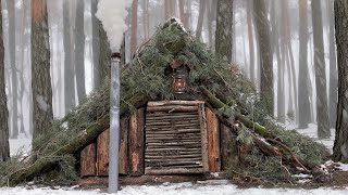 3 Days in My Bushcraft Winter Shelter with Stove and Chimney Snow Shelter Camping [upl. by Etteyafal]