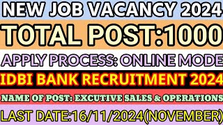 IDBI Bank Recruitment New Job Vacancy Apply 2024executive sales and operationssumonta official [upl. by Laufer748]