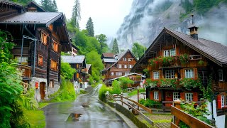 Relaxing walk on a rainy day in Mürren Switzerland 🇨🇭 Swiss village 4K [upl. by Lindner]