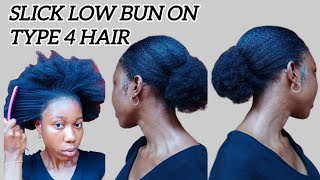 SLICK LOW BUN TUTORIAL ON TYPE 4 NATURAL HAIR  ZIGZAG PARTING [upl. by Bowen]