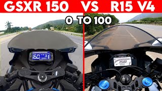 GSXR 150 VS R15 V4  0 TO 100  TOPSPEED BATTLE [upl. by Abrahan]